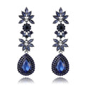 Luxury Blue Crystal Rhinestone Teardrop Flower Dangle Earrings, Alloy Statement Jewelry For Wedding Banquet