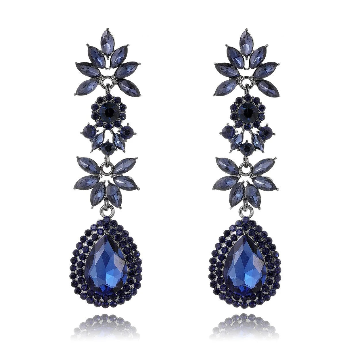 Luxury Blue Crystal Rhinestone Teardrop Flower Dangle Earrings, Alloy Statement Jewelry For Wedding Banquet