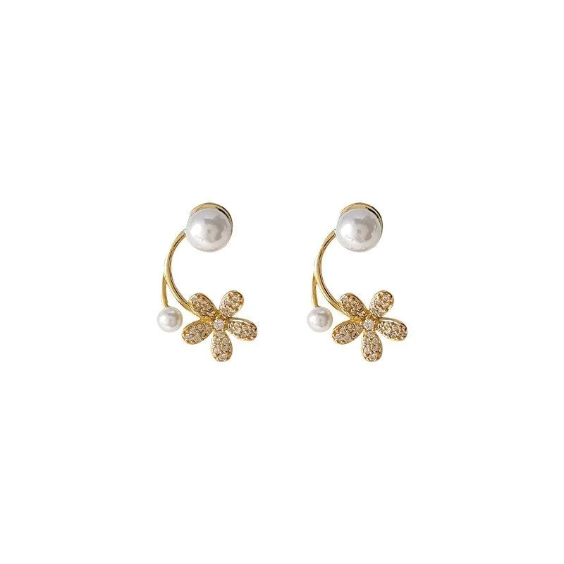Sweet 14K Gold Plated Copper Pearl Flower Stud Earrings With Micro Pave Zircon