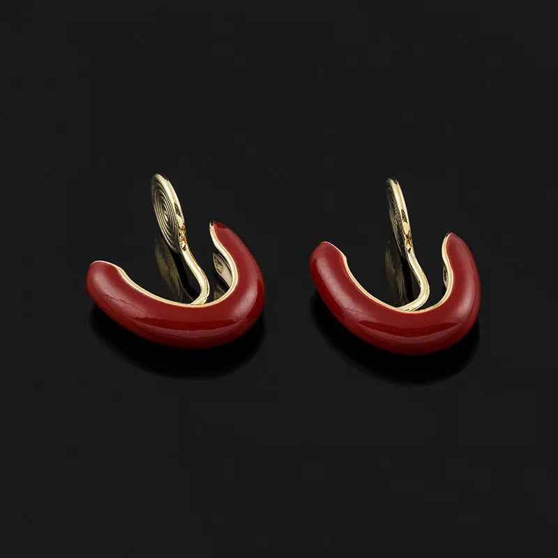Elegant Red Enamel U Shape Spiral Disc Alloy Stud & Clip On No Piercing Commuter Earrings