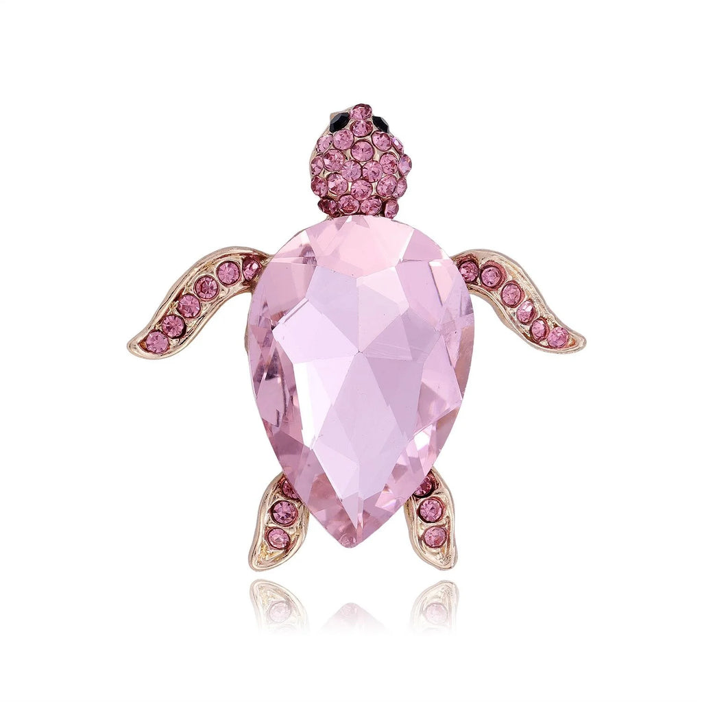 Women's Luxury Sea Turtle Brooch With Pink Green Glass Crystal Rhinestones, Elegant Animal Lapel Pin Gift
