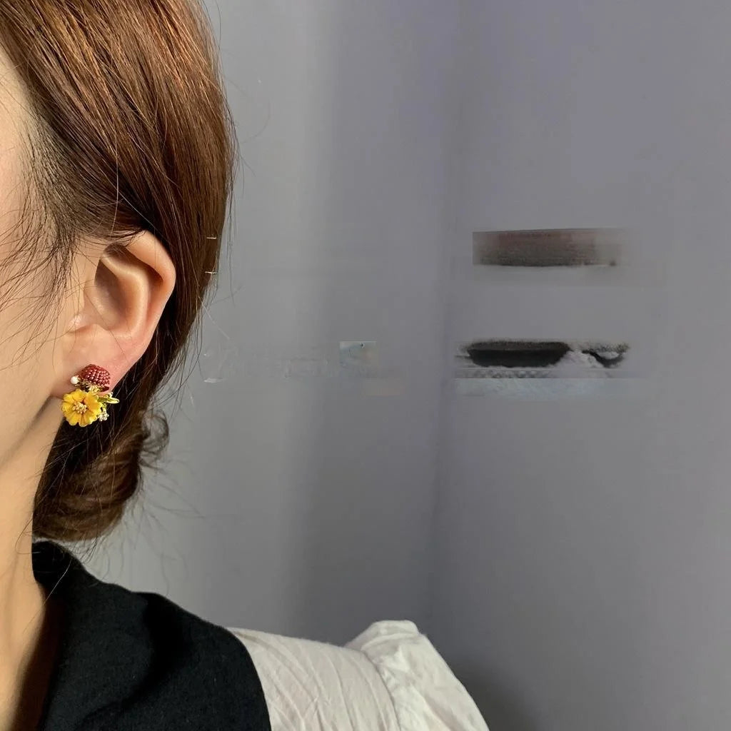 14K Plated Alloy Enamel Painted Flower Stud Earrings Vintage Forest Style Women's Jewelry