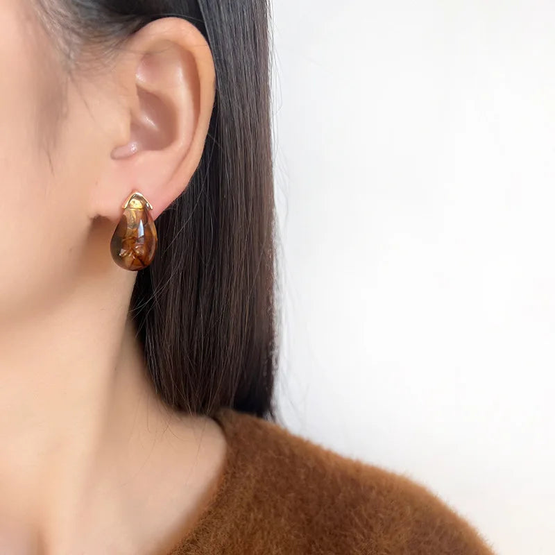 Vintage Brown Teardrop Swirl Alloy Stud & Clip On No Piercing Elegant Maillard Drop Earrings