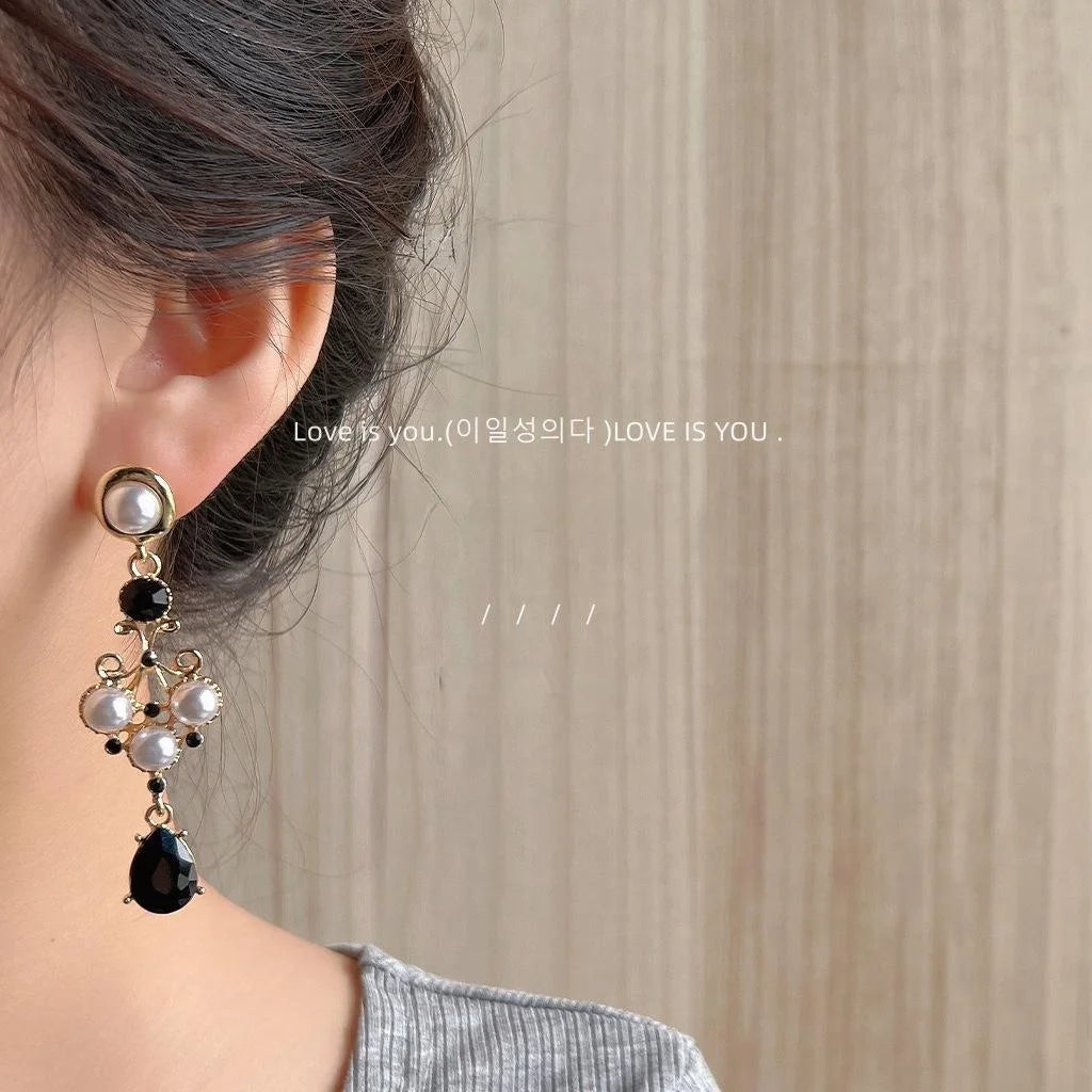 14K Plated Glass Crystal Geometric Long Stud Earrings Dark Vintage Palace Style