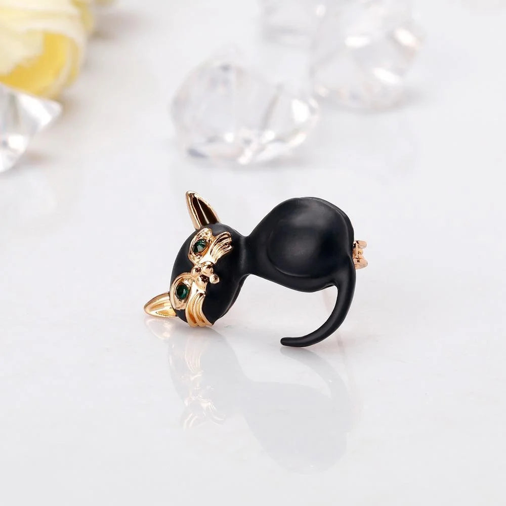 Cute Black Enamel Cat Brooch With Gold Alloy Rhinestone Eyes, Luxury Lapel Pin Corsage Gift For Women
