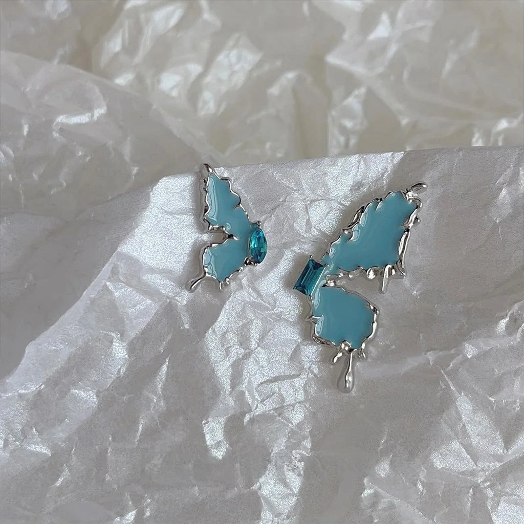 Asymmetric Blue Enamel Liquid Butterfly Copper Stud Earrings Sweet Cool Silver Plated Pin Jewelry
