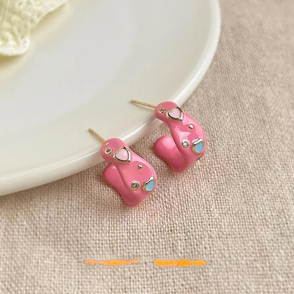 Colorful Enamel C-Shaped Heart Geometric Eco Copper Drop Earrings Sweet Silver Plated Pin Jewelry
