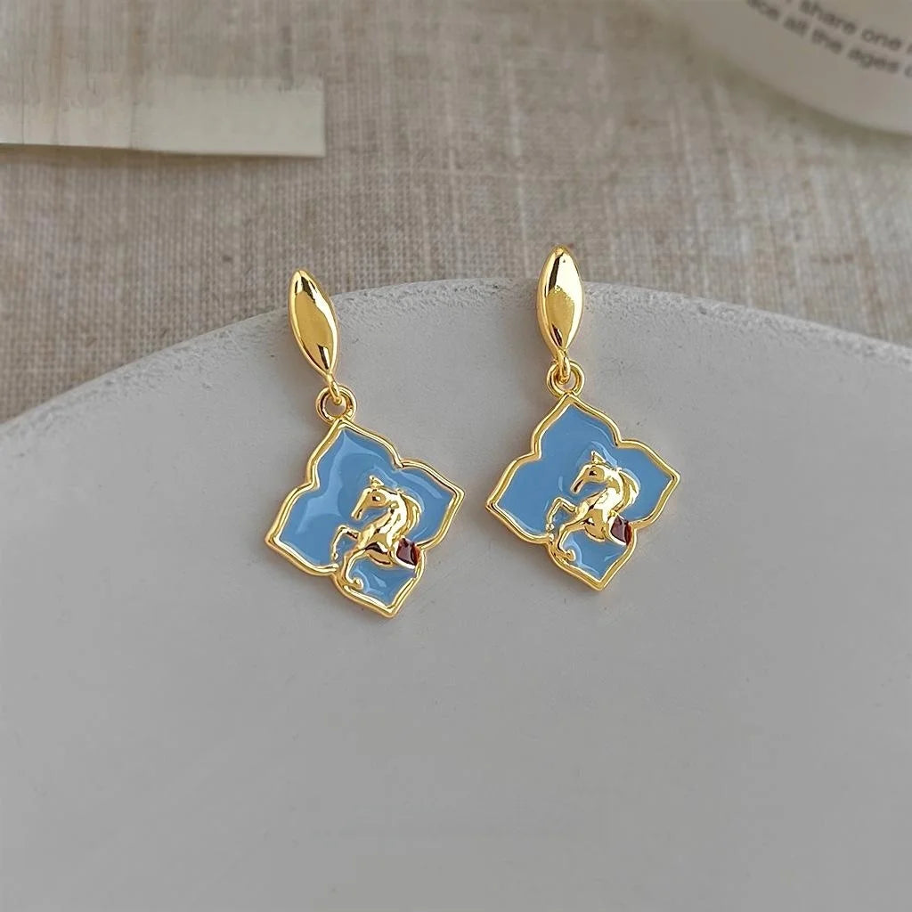 Copper Enamel Geometric Horse Drop Earrings, Vintage Palace Style