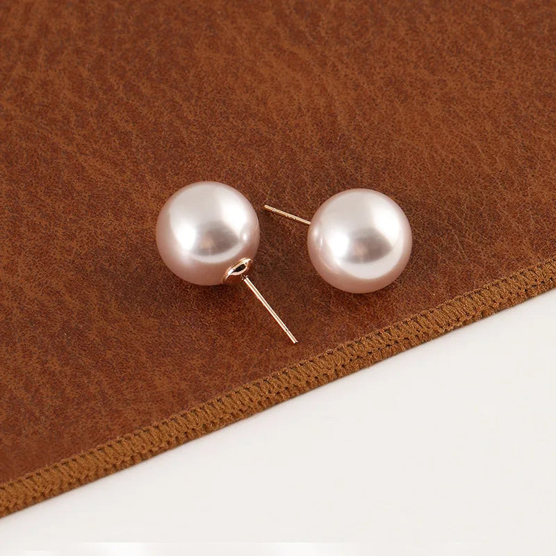 Large Light Pink Round Pearl Stud & Clip On No Piercing Elegant Minimalist 14mm Women's Earrings