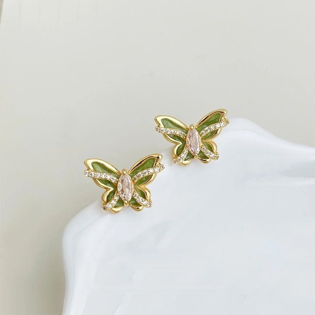Original Design Copper Zircon Enamel Butterfly Stud Earrings, Sweet Pastoral Silver Plated Jewelry