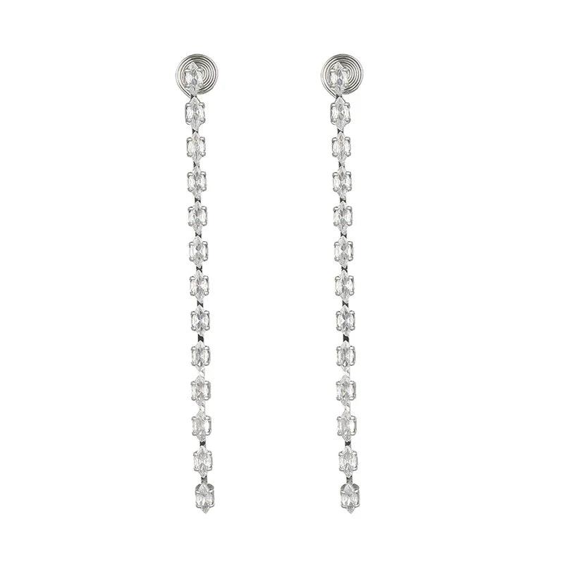 Elegant Long Tassel Marquise Zircon Spiral Drop Stud & Clip On No Piercing Silver Needle Earrings