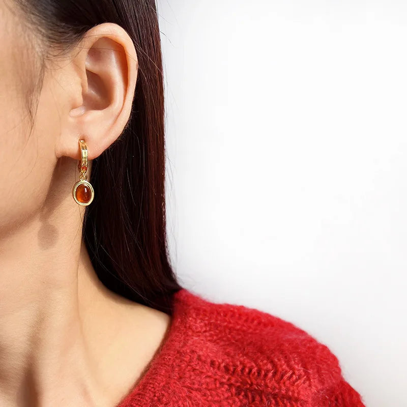 Elegant Orange Resin Oval Pendant C Hoop Alloy Stud & Clip On No Piercing New Chinese Style Earrings