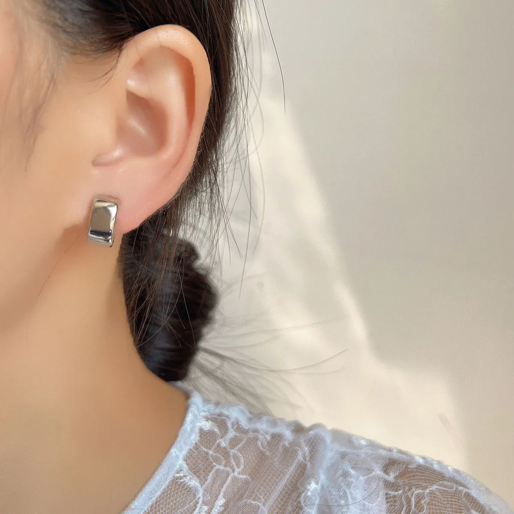 Elegant Silver Alloy Square Hoop With Spiral Disc Stud & Clip On No Piercing Minimalist Wide Huggie Earrings