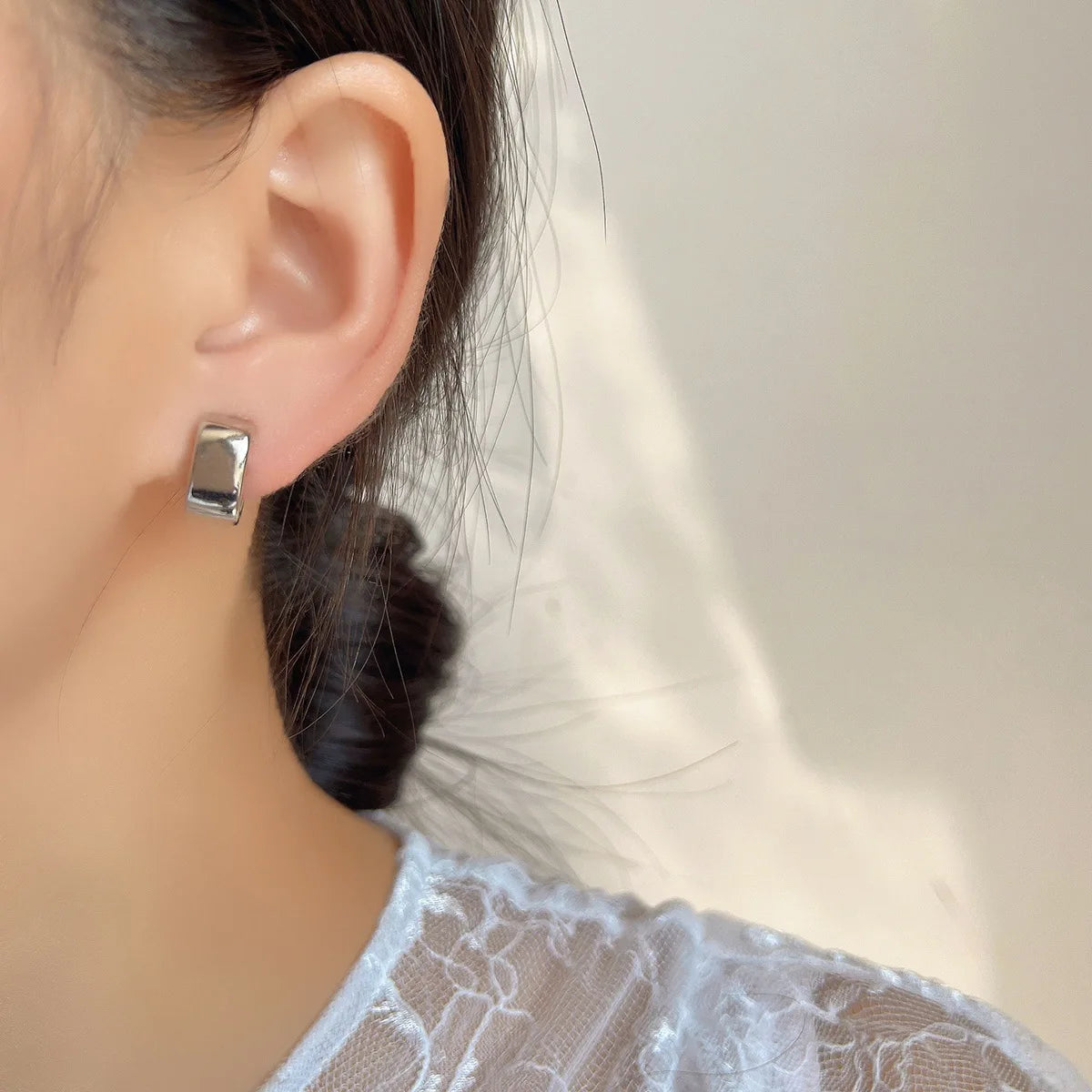 Elegant Silver Alloy Square Hoop With Spiral Disc Stud & Clip On No Piercing Minimalist Wide Huggie Earrings