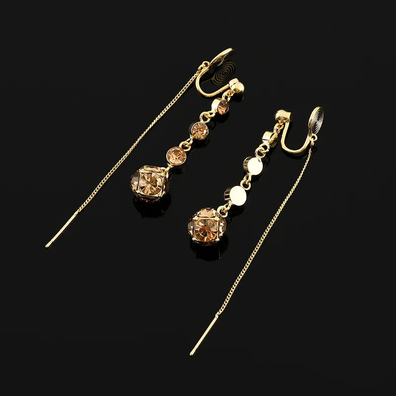 Elegant Brown Rhinestone Ball Spiral Chain Tassel Stud & Clip On No Piercing Long Drop Earrings