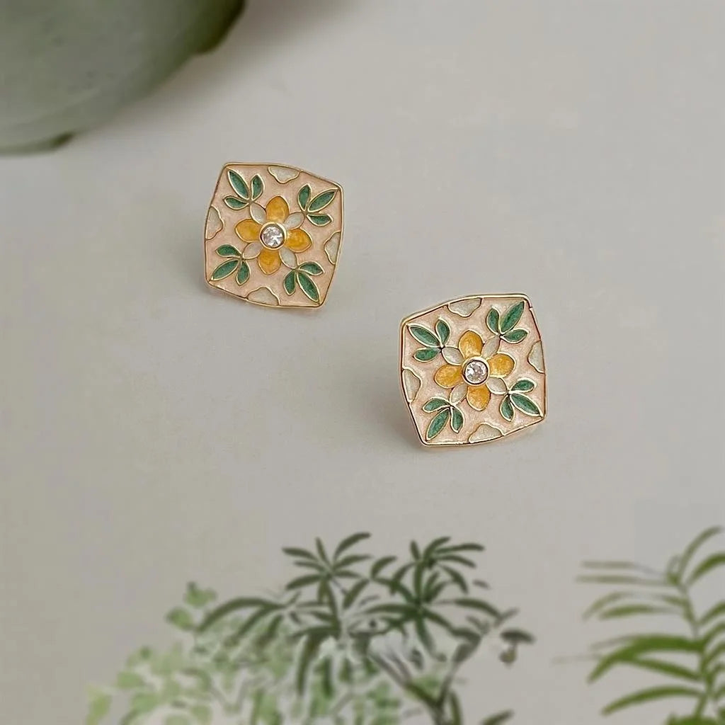 Chinese Style Enamel Drip Glaze Silver Plated Copper Floral Geometric Stud Earrings