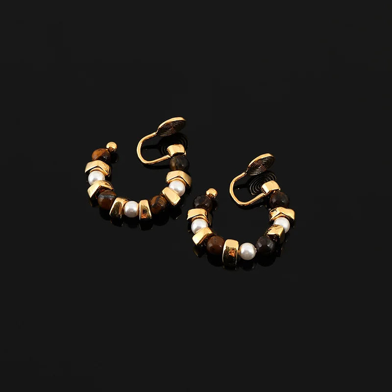 Vintage Tiger Eye Stone Pearl Spiral Hoop Stud & Clip On No Piercing Luxury Alloy Fashion Earrings