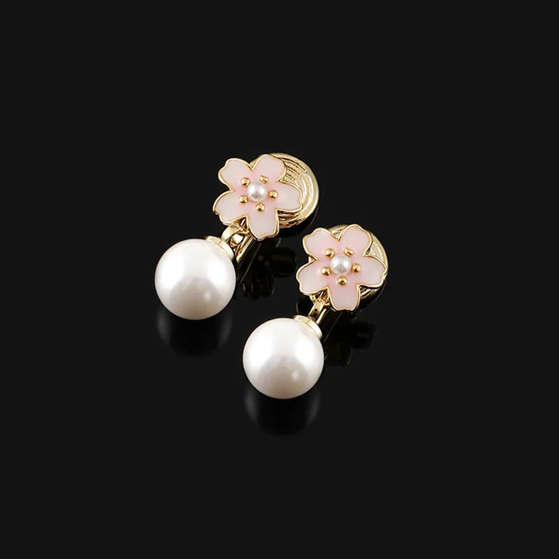 Elegant Pink Enamel Sakura Flower Pearl Drop Gold Alloy Stud & Clip On No Piercing Earrings