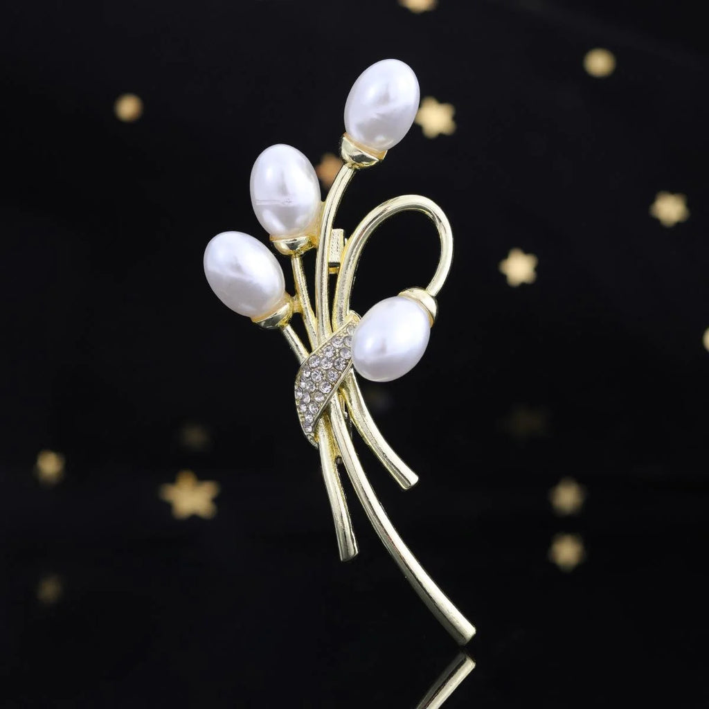 Elegant Pearl Balloon Bouquet Brooch With Gold Alloy Rhinestones, Women's Lapel Pin Corsage Gift