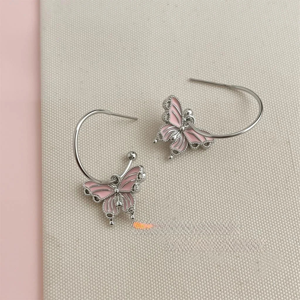 Sweet Cool Pink Butterfly Copper Drop Earrings For Girls, Designer Fashion Jewelry