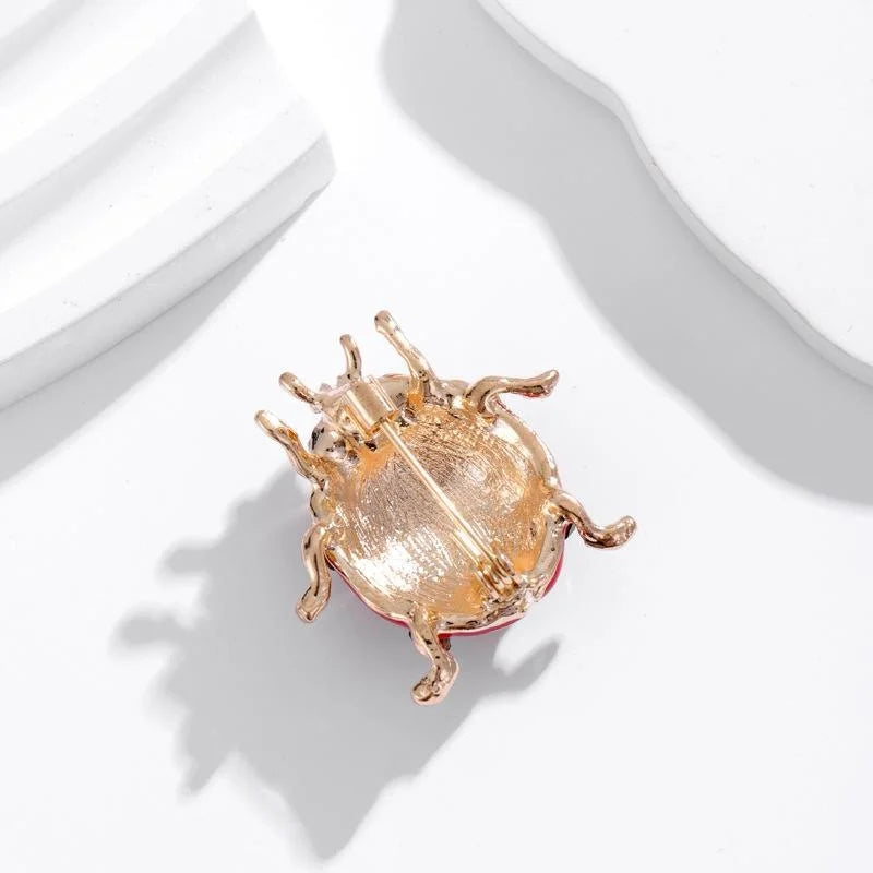 Cute Red Enamel Ladybug Brooch With Rhinestone Accents, Gold Tone Alloy Lapel Pin Corsage Gift