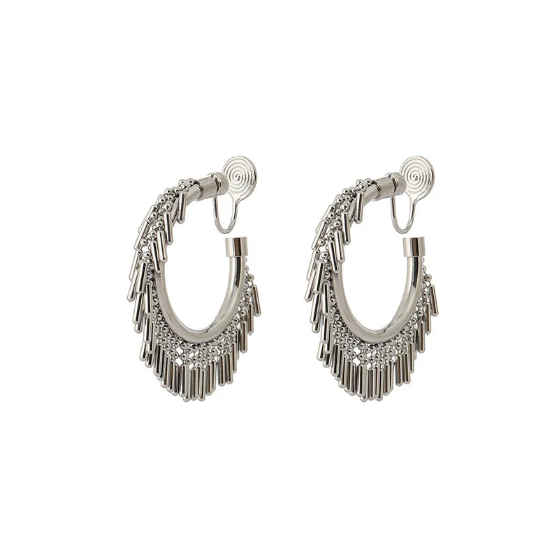 Vintage Alloy Round Hoop Tassel Stud & Clip On No Piercing Statement Fringe Vacation Earrings