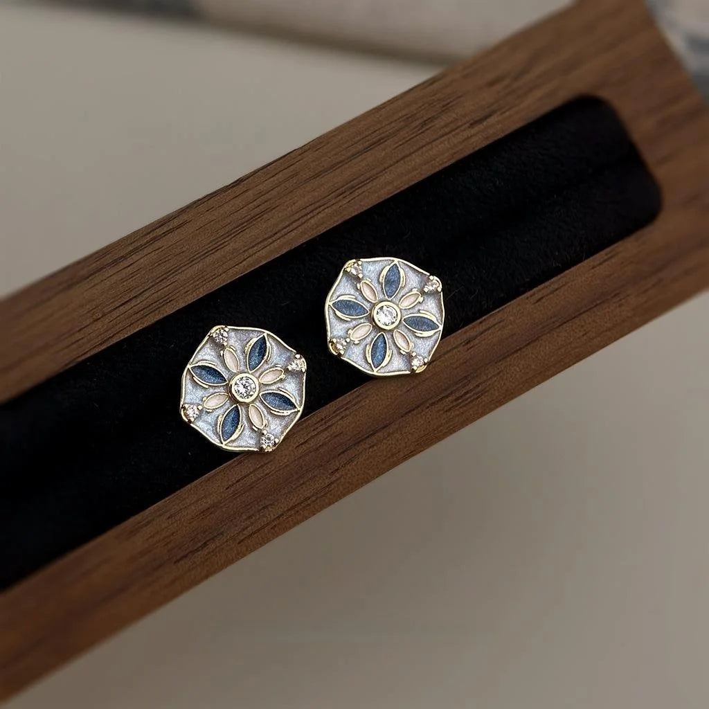 Vintage Chinese Style Enamel Geometric Stud Earrings Copper For Women