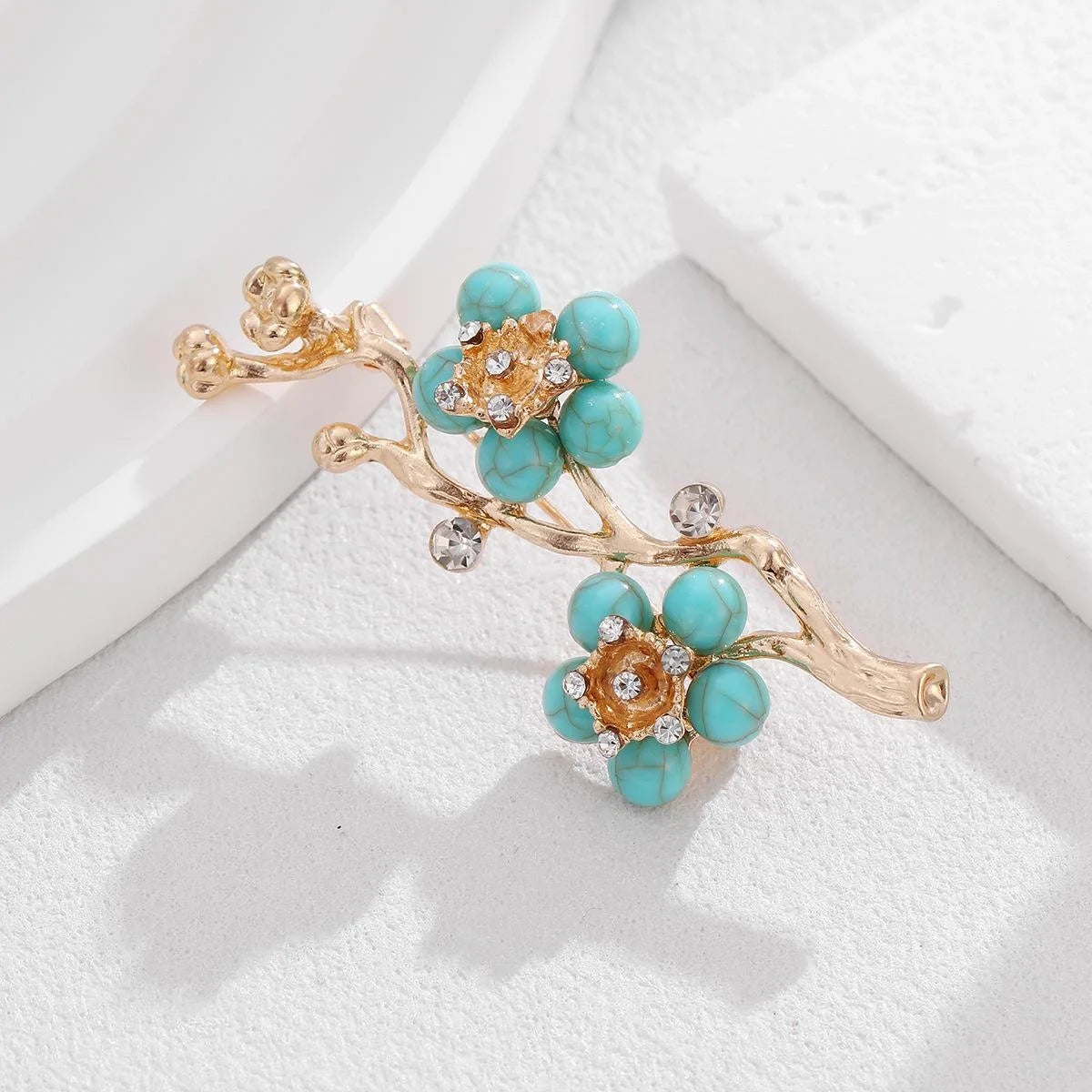 Elegant Turquoise Enamel Plum Blossom Branch Brooch With Rhinestones, Gold Alloy Lapel Pin Suit Accessory