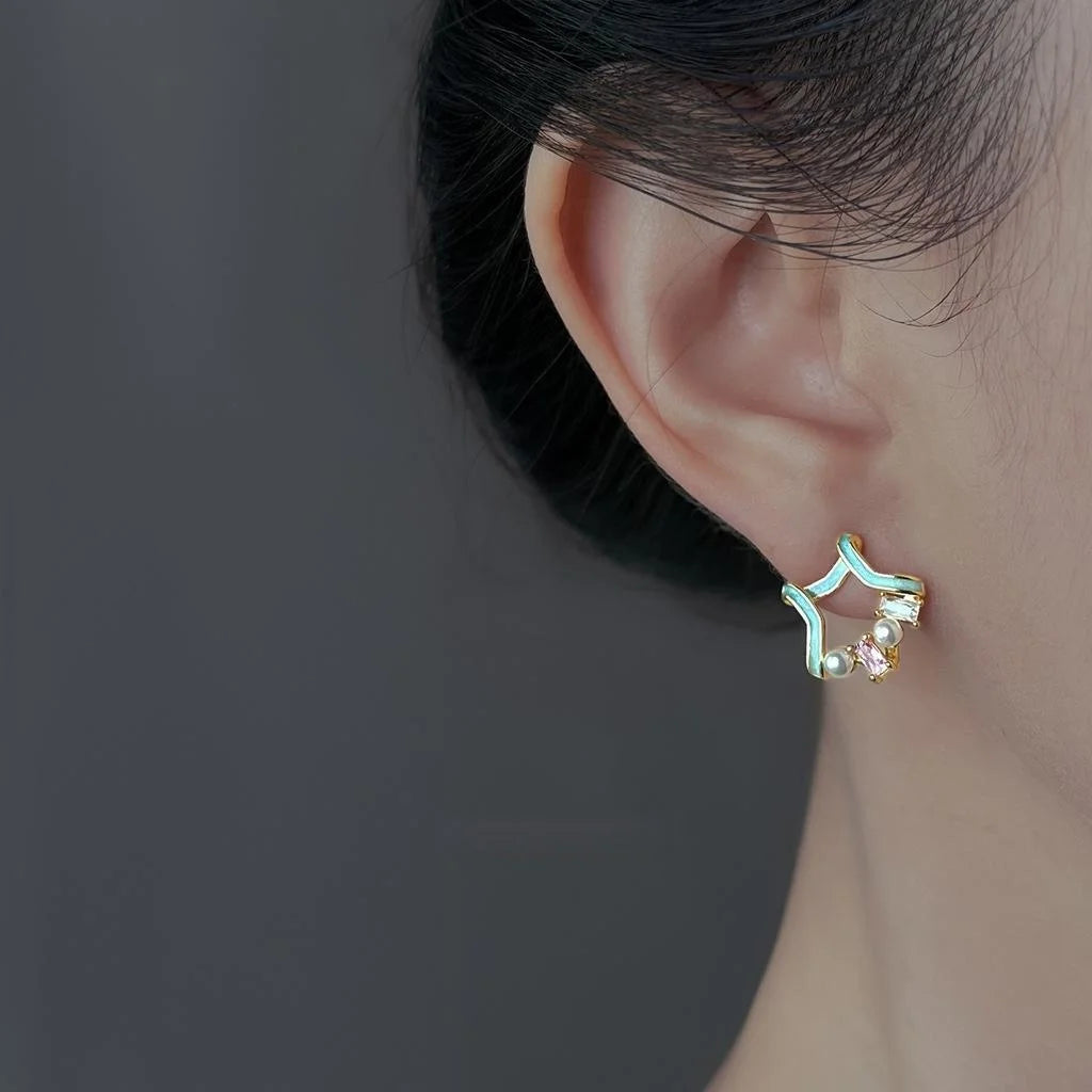 Sweet Girl Style Copper Zirconia Pearl Painted Star Stud Earrings
