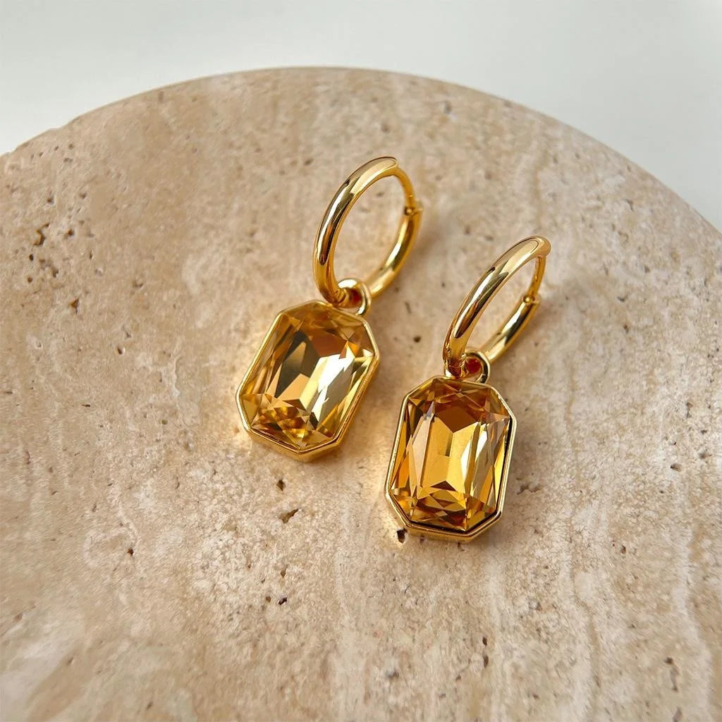 Real Gold Plated Copper Glass Crystal Geometric Drop Earrings Luxury Vintage Square Jewelry