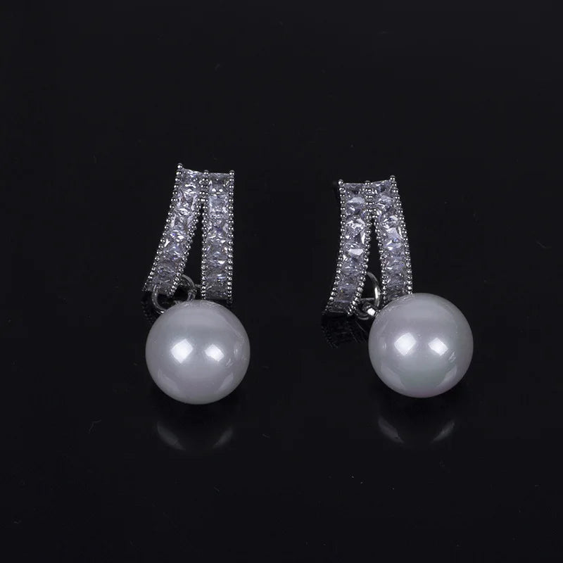 Elegant Geometric Curved Square Zircon Bar With Pearl Drop Stud & Clip On No Piercing Luxury Earrings