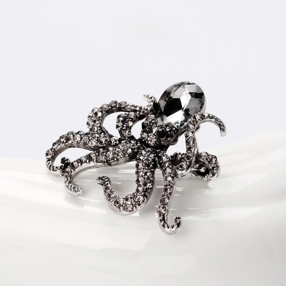 Luxury Rhinestone Crystal Octopus Brooch Pin, Ocean Animal Alloy Lapel Corsage Suit Accessory Gift