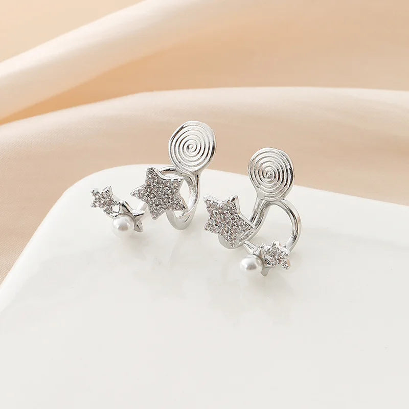 Elegant Star Zircon Pearl Spiral Alloy Stud & Clip On No Piercing Versatile Fashion Women's Earrings