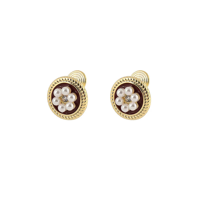 Vintage Round Flower Pearl Rhinestone Enamel Alloy Stud & Clip On No Piercing Women's Fashion Earrings