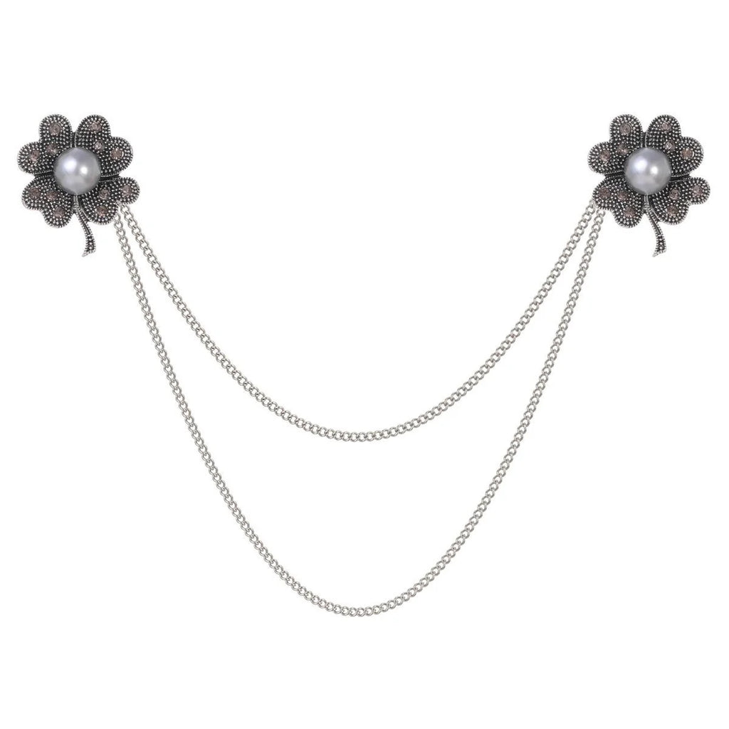 Elegant Pearl Flower Brooch With Rhinestone Chain Tassels, Vintage Alloy Lapel Pin Suit Accessory Gift
