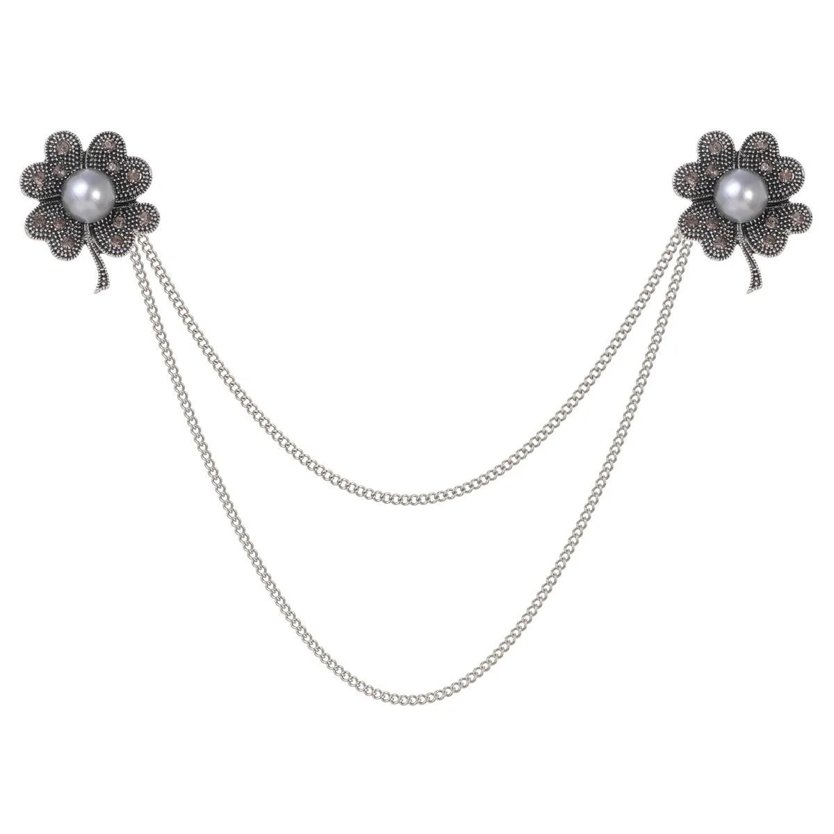 Elegant Pearl Flower Brooch With Rhinestone Chain Tassels, Vintage Alloy Lapel Pin Suit Accessory Gift