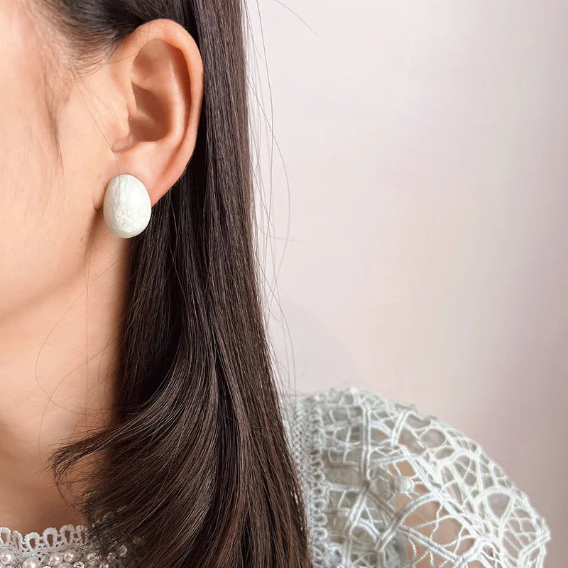 Light Blue Oval Bean Pearlescent Enamel Stud & Clip On No Piercing Elegant Vacation Earrings