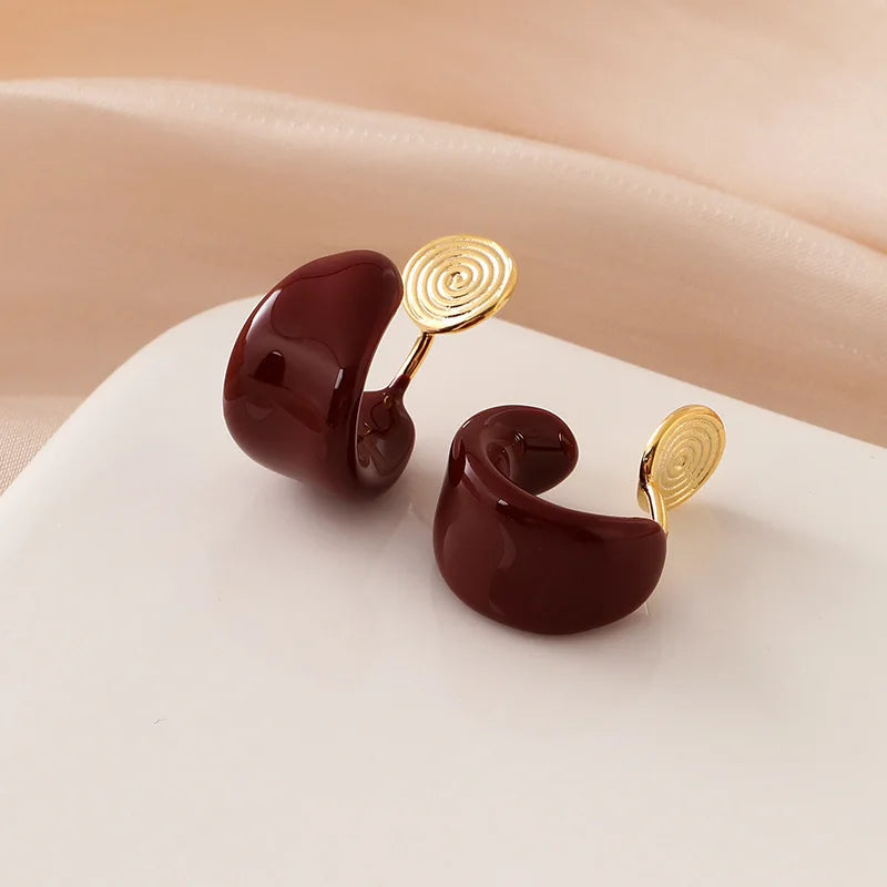 Elegant Burgundy Enamel Spiral Hoop Stud & Clip On No Piercing Chunky C Shape Alloy Ear Cuff Earrings