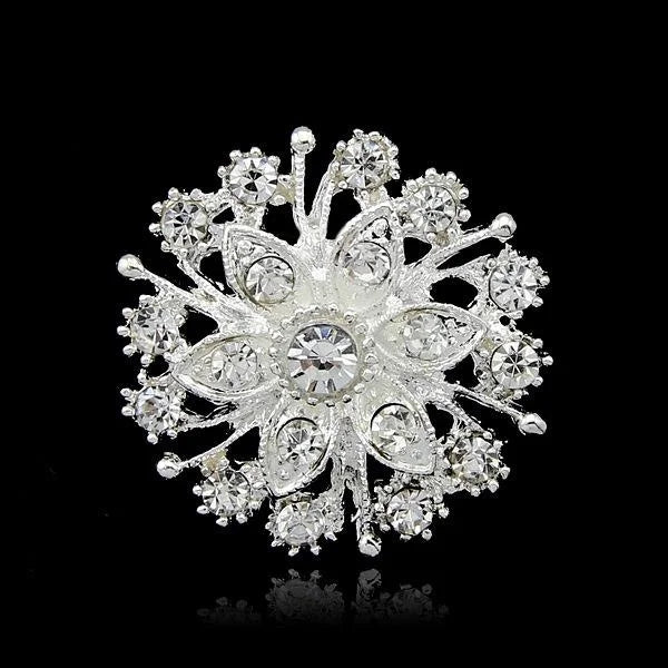 Elegant Silver Rhinestone Crystal Flower Brooch, Small Alloy Lapel Pin Corsage For Women Suit Accessory