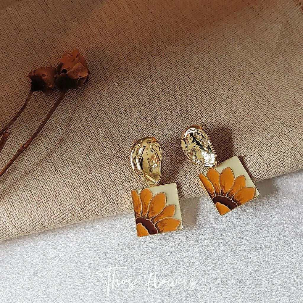 14K Plated Metal Sunflower Floral Stud Earrings With Silver Plated Pins For Women