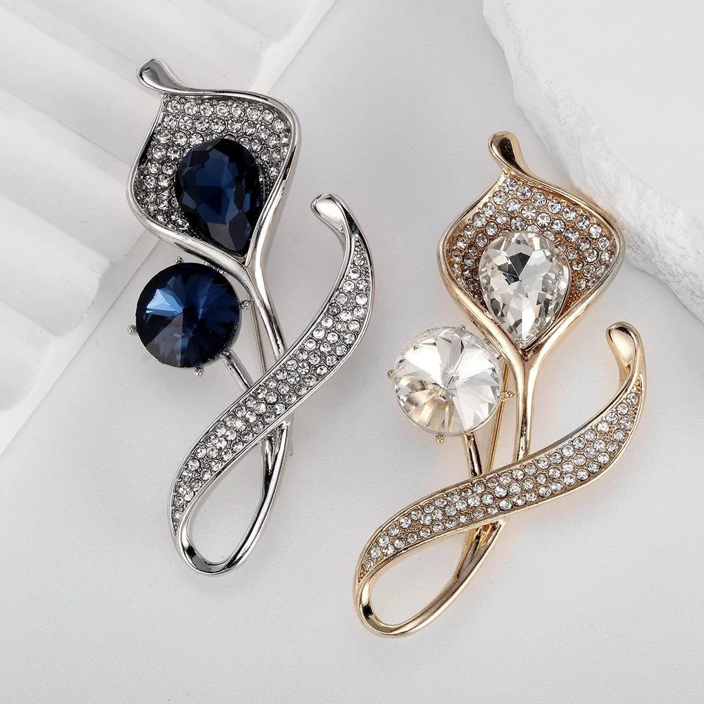 Elegant Blue Crystal Flower Brooch With Rhinestone Pave, Silver Alloy Lapel Pin Corsage Gift