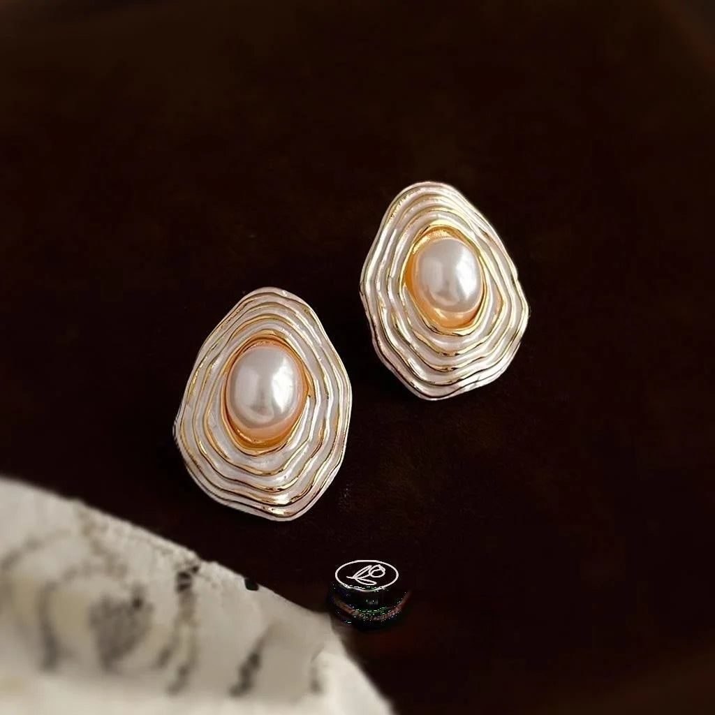French Vintage 14K Plated Irregular Geometric High Gloss Pearl Drop Earrings