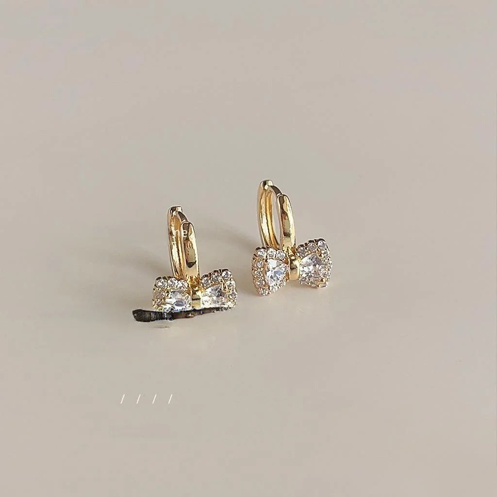 14K Gold Plated Copper Zircon Bow Drop Earrings Sweet Minimalist Jewelry For Women