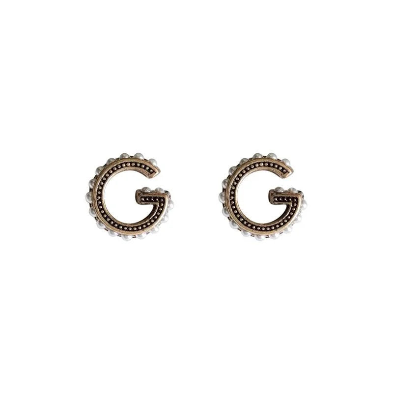 Vintage Letter G Pearl Stud Earrings Eco-Friendly Copper Versatile Fashion Jewelry