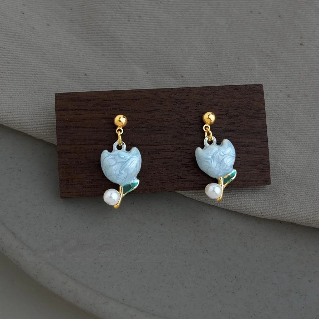 Hand Painted Enamel Tulip Stud Earrings Eco-Friendly Copper Alloy Fresh Floral Jewelry