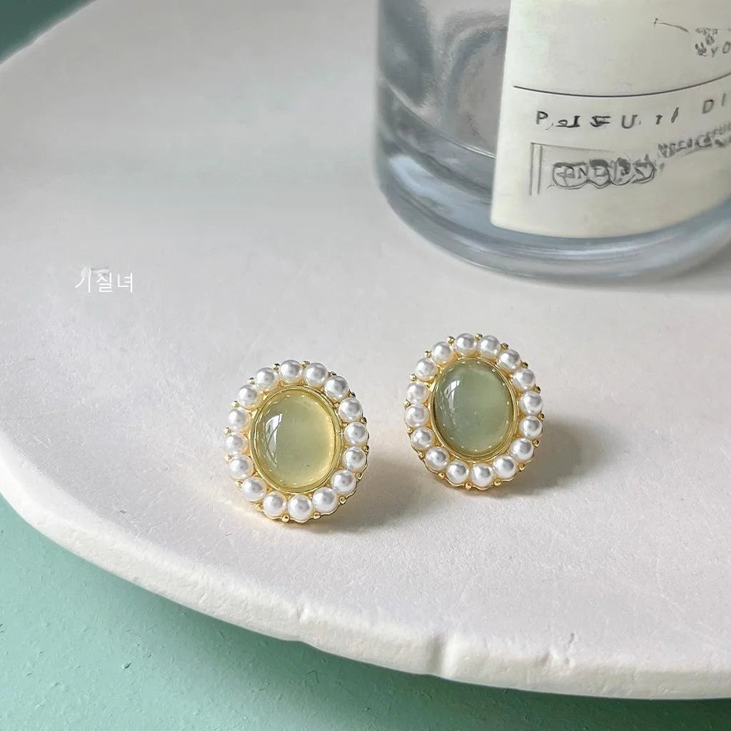 Summer Oval Pearl Stud Earrings 14K Plated Copper Forest Style Jewelry