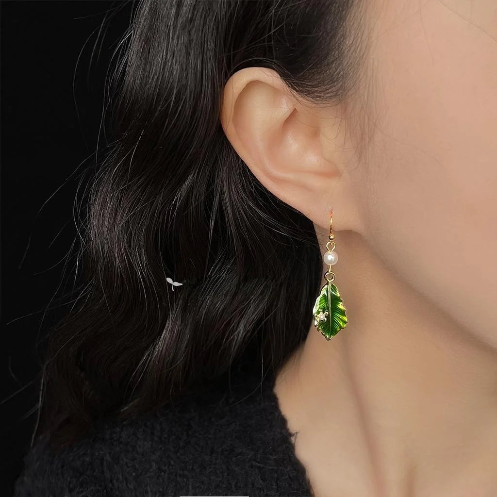 Fresh Sweet Enamel Glazed Leaf Drop Earrings Handmade Copper Posts Forest Style