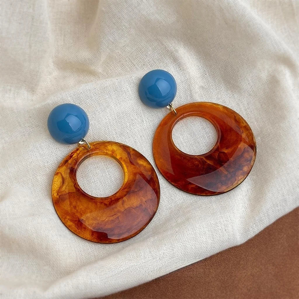 Vintage Maillard Style Amber Brown Resin Round Geometric Drop Earrings With Copper