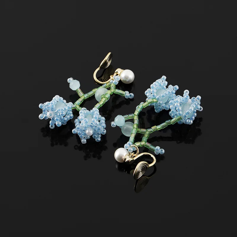 Elegant Blue Lily Of The Valley Beaded Pearl Stud & Clip On No Piercing Handmade Flower Drop Earrings
