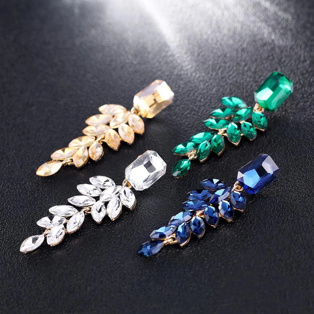 Elegant Champagne Crystal Leaf Tassel Drop Earrings, Luxury Rhinestone Dangle Jewelry For Wedding Party